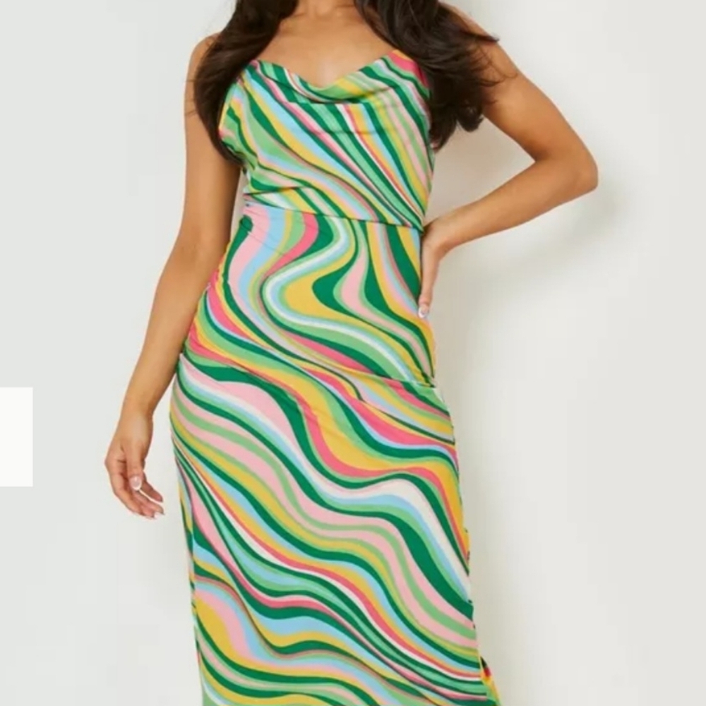 BooHoo Colorful Swirl Maxi Dress Size 8 Backless Cowl Neck Fun and Flirty
